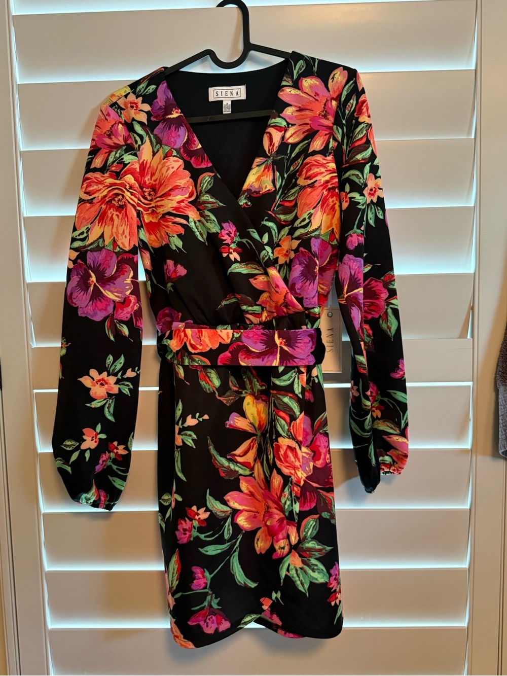 Siena Studio Black Wrap Dress with Pink & Orange Floral Print